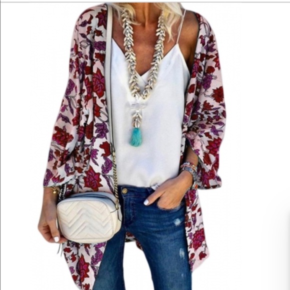 Other - Red Floral print loose kimono cardigan